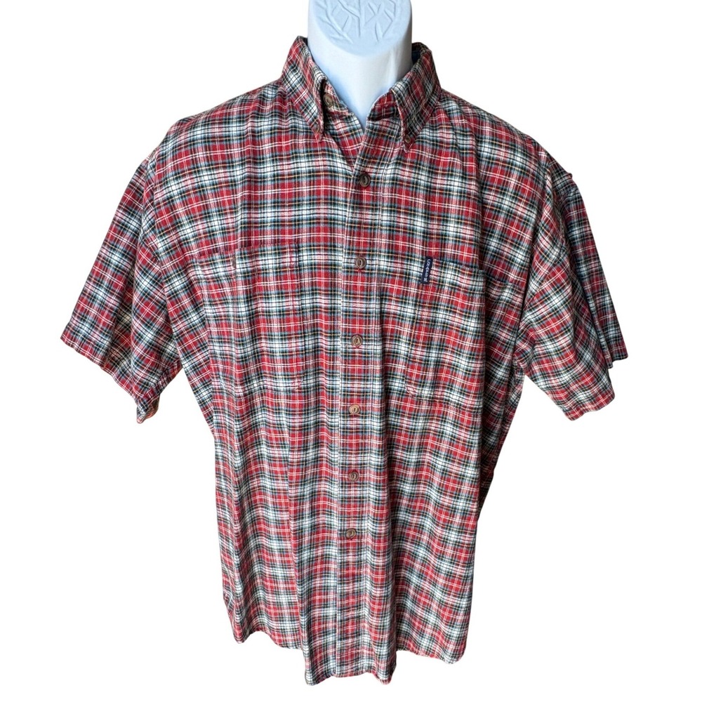 Vintage Chaps Ralph Lauren Red Plaid Linen-Blend Shirt, Medium, Eagle/Stars Logo